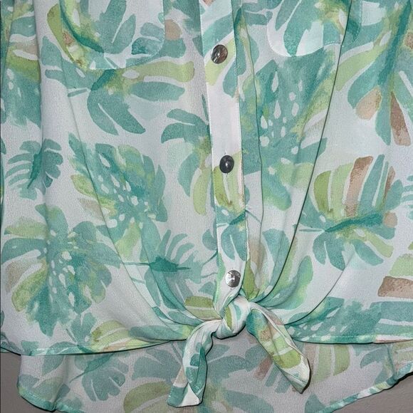 Ruby Rd Green and White 3/4 Sleeve Notched Collar Button Down - Picture 4 of 14